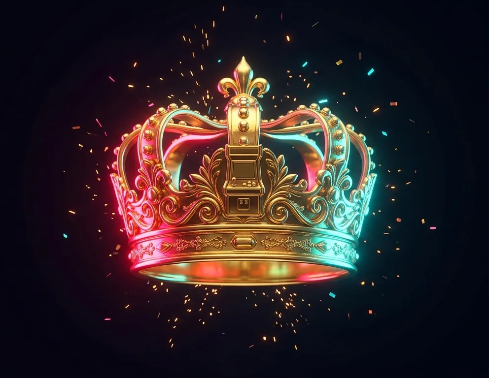 A golden crown with a tiny arcade cabinet in it, lit pink and cyan