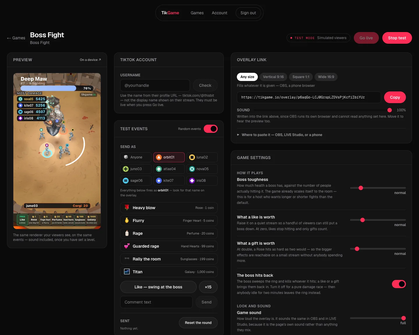 The TikGame dashboard, running Boss Fight: settings on one side, a live preview on the other