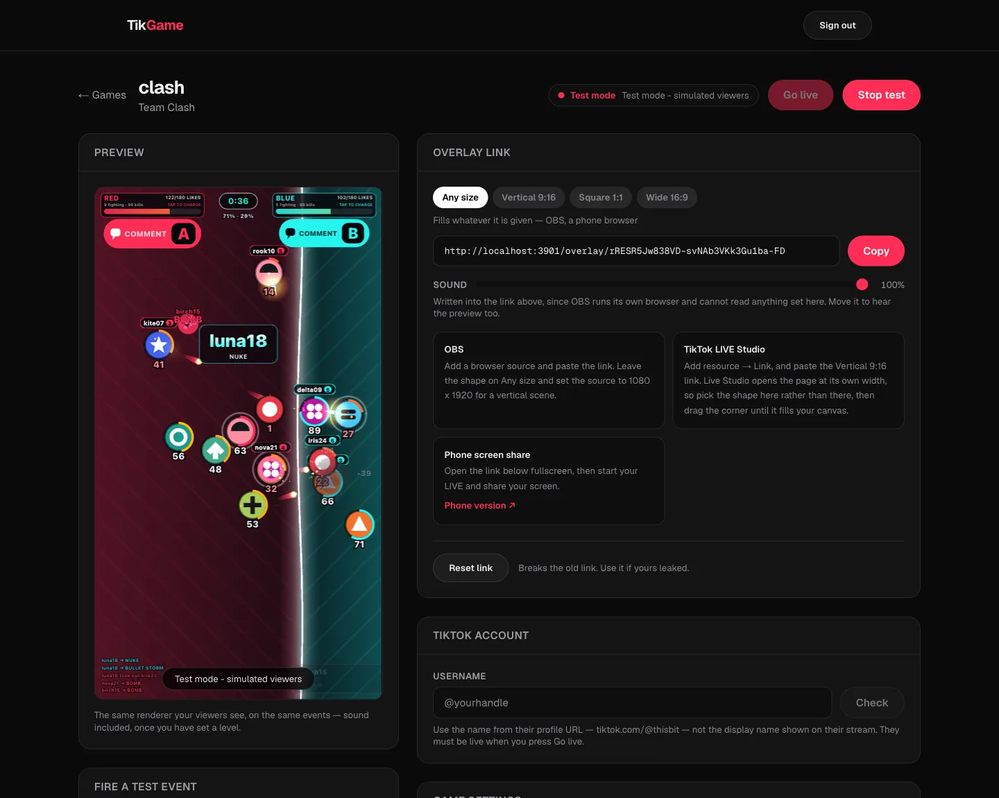 The TikGame dashboard, running Team Clash: settings on one side, a live preview on the other