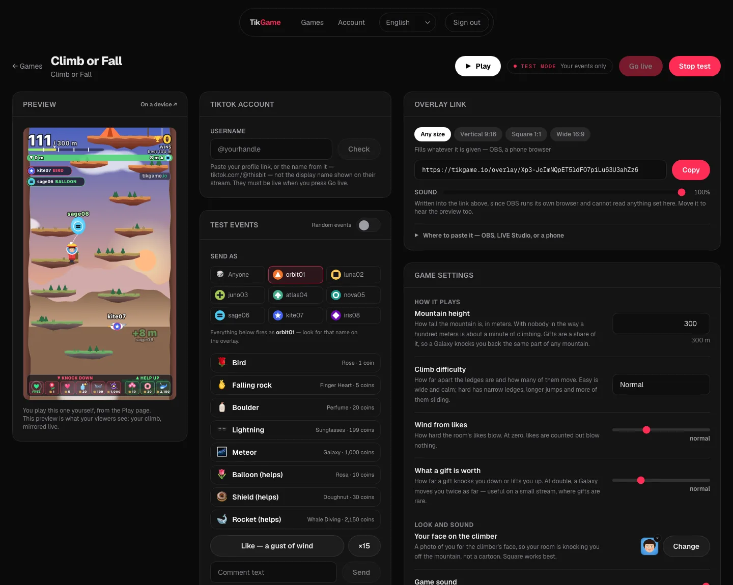The TikGame dashboard, running Climb or Fall: settings on one side, a live preview on the other