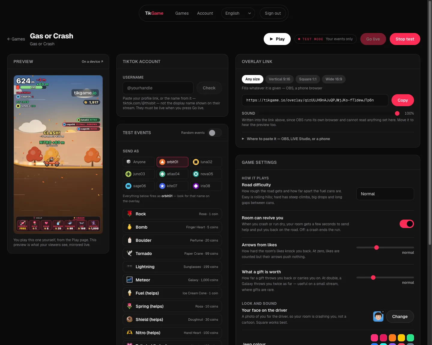The TikGame dashboard, running Gas or Crash: settings on one side, a live preview on the other