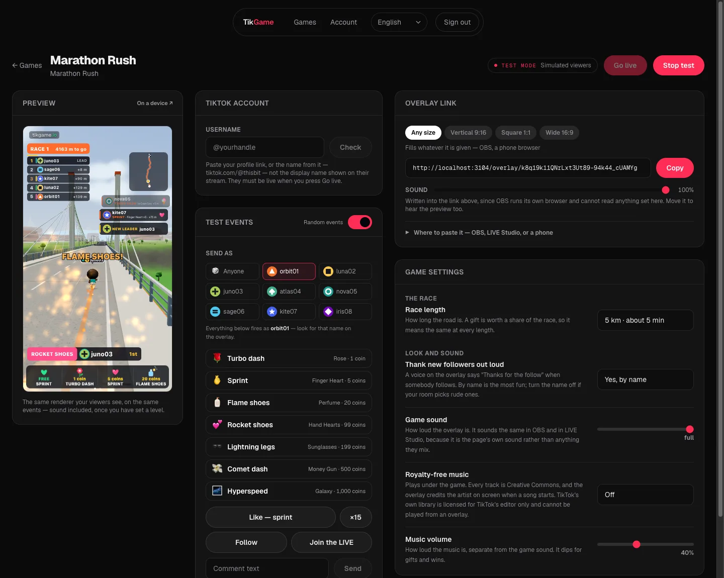 The TikGame dashboard, running Marathon Rush: settings on one side, a live preview on the other