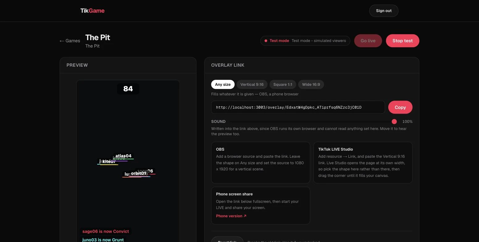 The TikGame dashboard, running The Pit: settings on one side, a live preview on the other