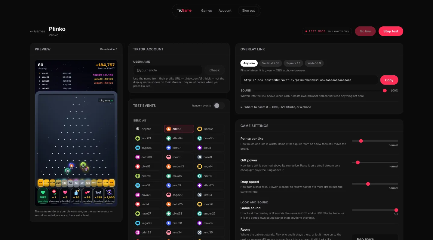 The TikGame dashboard, running Plinko: settings on one side, a live preview on the other