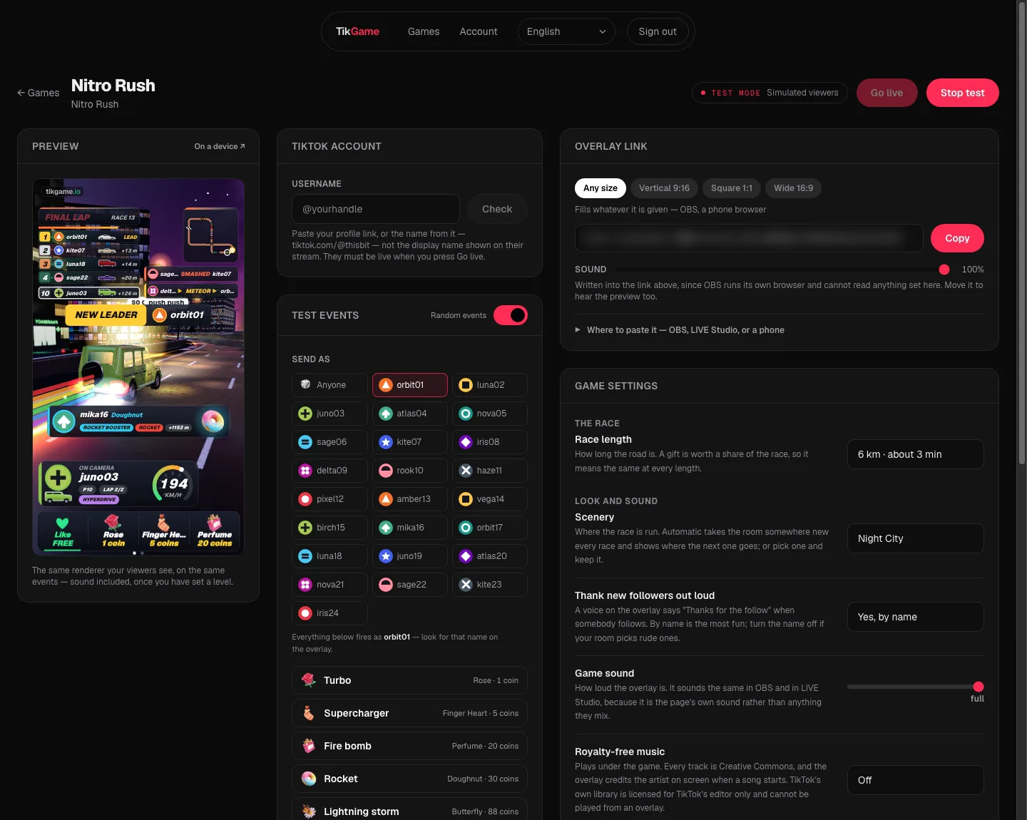 El panel de TikGame con Nitro Rush: los ajustes a un lado y una vista previa en vivo al otro