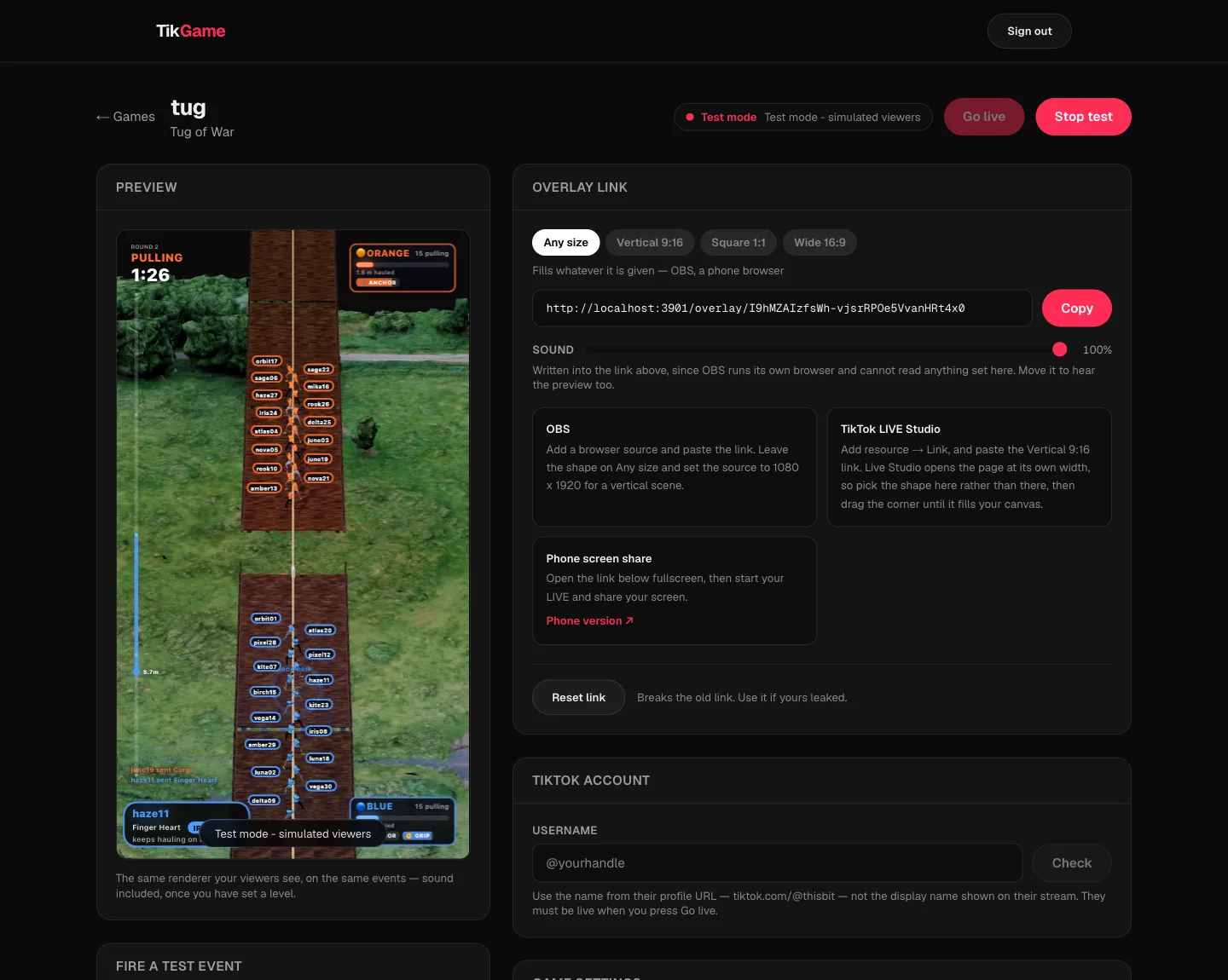 The TikGame dashboard, running Tug of War: settings on one side, a live preview on the other
