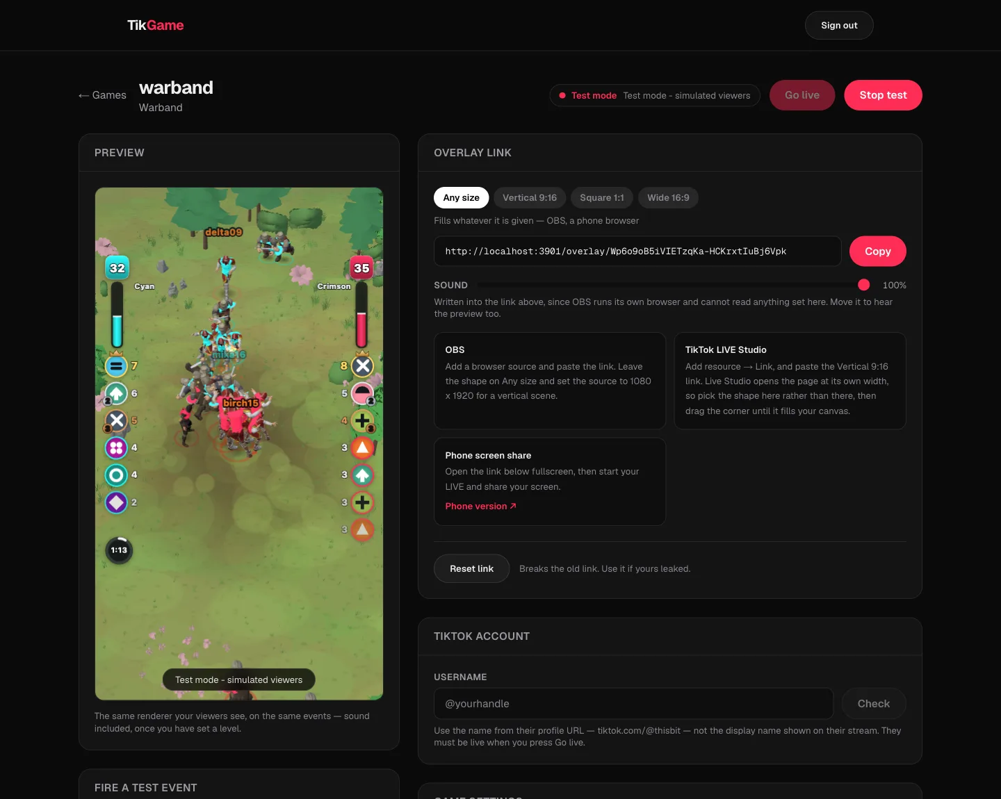 The TikGame dashboard, running Warband: settings on one side, a live preview on the other
